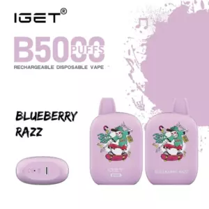 Blueberry Razz Iget B5000 Iget Vapes Shop Oz Igetb5000blueberryrazz600x6001webp Iget Vapes Shop Oz Blueberry Razz – Iget B5000 - Iget B5000 Puff Rechargeable Disposable Vape in Blueberry Razz Flavor; Two Purple Devices with Cartoon Art and a Side View. - Iget Vapes Shop Oz