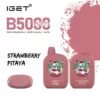 IGET B5000 strawberry pitaya disposable vape with two pink devices and a pink cartridge, branding visible on white background.