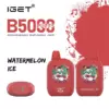 IGET B5000 Watermelon Ice disposable vape duo with brand logo and red splash background