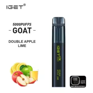IGET Goat disposable vape pen in black with Double Apple Lime flavor; apples, lime slices, and juice illustration beside it.