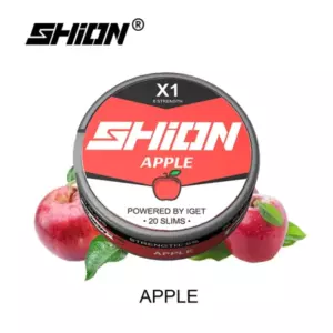 Round SHION Apple flavor tin with red label, surrounded by apples and green leaves.