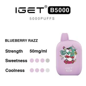 Blueberry Razz – Iget B5000 - Iget B5000 Pink Disposable Vape with Cartoon Artwork; Blueberry Razz Flavor, 50 Mg/ml, with Sweetness and Coolness Rating Dots. - Iget Vapes Shop Oz