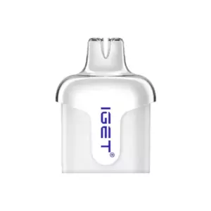 Cherry Pomegranate – Iget Halo Pod 3000 Puffs - Clear Vape Pod Cartridge with a Transparent Body and Blue Iget Logo, Showing the Mouthpiece at the Top. - Iget Vapes Shop Oz
