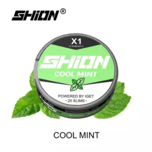 Round tin of SHION Cool Mint gum with a green label, set against a white background and surrounded by fresh mint leaves.