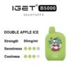 IGET B5000 Double Apple Ice vape label showing 50 mg/mL strength, sweetness and coolness rating dots, with a green cartoon bottle on the right.