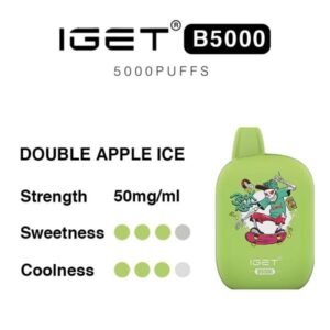 Double Apple Ice – Iget B5000 - Iget B5000 Double Apple Ice Vape Label Showing 50 Mg/ml Strength, Sweetness and Coolness Rating Dots, with a Green Cartoon Bottle on the Right. - Iget Vapes Shop Oz