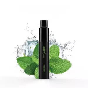 Black vape device standing upright with fresh mint flavor, surrounded by mint leaves and splashing ice for a cool, refreshing look.