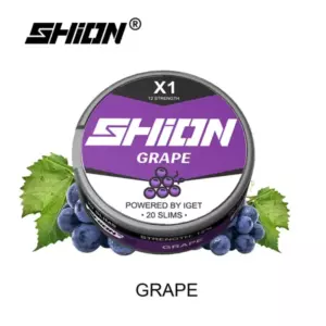 SHiON X1 Grape nicotine pouch can with purple label and grape cluster background, emphasizing grape flavor and brand name