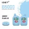 Strawberry Pitaya – Iget B5000 - Iget B5000 Disposable Vape in Green Plum Ice Flavor, Shown As Two Blue Devices with Cartoon Artwork and a Matching Pod Image. - Iget Vapes Shop Oz
