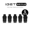 IGET BAR PLUS pod bundle (5 pcs) shown as five black vape pods in a row, with a circular '5 PCS' badge above on a white background.