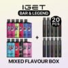 Iget Halo Pod 3000 Puffs - Iget Bar & Legend Mixed Flavour Box: Colorful Bottles on the Left and Black Disposable Pens on the Right, 20 Pieces. - Iget Vapes Shop Oz