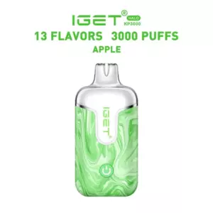 Apple – Iget Halo Vape Kit 3000 Puffs - Disposable Vape Device with Green Marble Pattern and White Mouthpiece, Labeled 'iget' with '13 Flavors 3000 Puffs' and 'apple' at Top, Indicating an Apple-flavored Pod Offering 3000 Puffs. - Iget Vapes Shop Oz