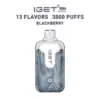 Disposable vape device from IGET with marbled blue body and white top, Blackberry flavor, 3000 puffs, handheld size.