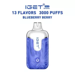 Blueberry Berry – Iget Halo Vape Kit 3000 Puffs - Iget Halo Kp3000 Vape Device with a Blue Swirled Body and White Top, Advertising 13 Flavors and 3000 Puffs in Blueberry Flavor. - Iget Vapes Shop Oz