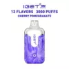 Disposable vape device with a purple marbled body, IGET logo, flavor Cherry Pomegranate, 3000 puffs (13 flavors) signaling a vaping product