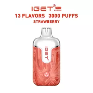 IGET disposable vape with strawberry flavor, red marble body and 3000-puff capacity.