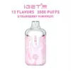 Pink marble-patterned IGET vape pod with top mouthpiece; text reads '13 flavors 3000 puffs Strawberry KiwiFruit'