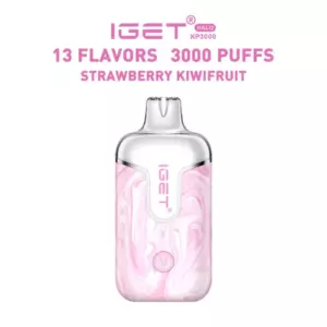 Strawberry Kiwifruit – Iget Halo Vape Kit 3000 Puffs - Pink Marble-patterned Iget Vape Pod with Top Mouthpiece; Text Reads '13 Flavors 3000 Puffs Strawberry Kiwifruit' - Iget Vapes Shop Oz
