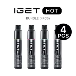 IGET HOT bundle of 4 disposable vape pens, black with colored rings (green, pink, blue, purple) and L5500 labeling; 4 PCS badge visible.
