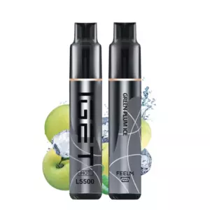 Green Plum Ice – Iget Hot 5500 Puffs - Two Black Vape Pod Bottles with Gray Graphics, Side by Side, Against a Backdrop of Green Apples and Ice; Left Reads Hot L5500, Right Reads Feelm Max and Green Pumice. - Iget Vapes Shop Oz