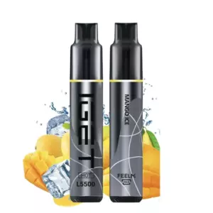 Mango Ice – Iget Hot 5500 Puffs - Two Black Disposable Vape Pens Stand Side by Side with Mango and Ice Imagery in the Background; One Shows 'hot L5500' Text, the Other 'mango Ice' and 'feelm Max'. - Iget Vapes Shop Oz