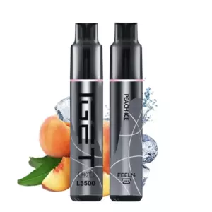 Peach Ice – Iget Hot 5500 Puffs - Pair of Black Cylindrical Vape Pens Standing Side by Side with Peach Slices and Ice Behind Them; Labels Read 'hot L5500' and 'peach Ice' Along with 'feelm' Branding. - Iget Vapes Shop Oz