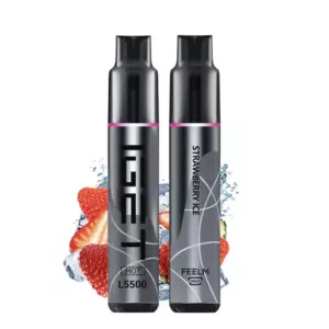 Strawberry Ice – Iget Hot 5500 Puffs - Two Sleek Black Vape Devices with Pink Accent Rings, Labeled Hot L5500 and Feelm Max, Strawberry Ice Flavor, Shown with Strawberries and Ice Splashes in the Background. - Iget Vapes Shop Oz