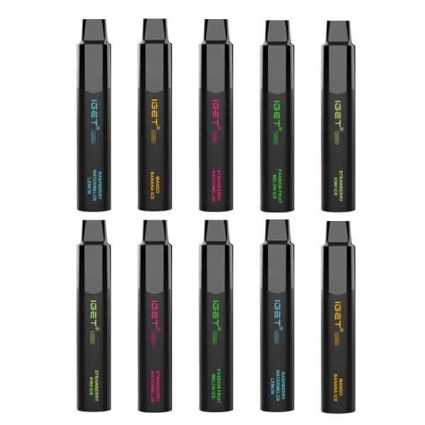 Iget Legend 0 Bulk Buy 10pcs Iget Vapes Shop Oz Igetlegendbulk10pcs600x6001jpg Iget Vapes Shop Oz Iget Legend 0% Bulk Buy 10pcs - Row of Ten Black Iget Vape Pens with Colorful Flavor Labels Arranged in Two Rows, Showing Assorted Flavors. - Iget Vapes Shop Oz