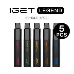 Five IGET Legend vape pens in a bundle, with a black circular '5 PCS' badge visible on the right.