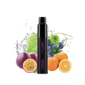 Disposable vape pen with purple branding standing upright, surrounded by passion fruit, grapes, and orange slices.