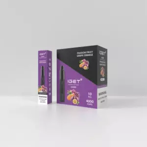 Vape pod packaging in purple and black with text 'IGET' and flavors Passion Fruit Grape Orange, showing a device and fruit graphics, 10 pcs, 4000 puffs cap.