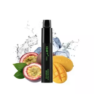 Black IGET vape pen device labeled Passion Fruit Mango flavor, surrounded by ice and sliced passion fruit and mango to indicate flavor.