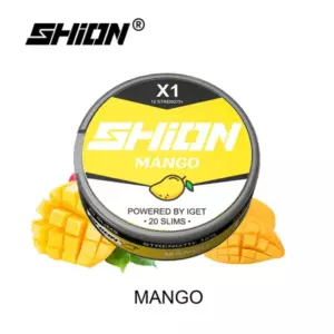Tin labeled SHION Mango nicotine pouches with fresh mango chunks in the background.