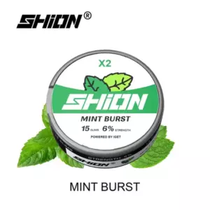 Tin of SHION Mint Burst nicotine pouches with green label and mint leaves in the background, indicating X2 strength and 6% strength.