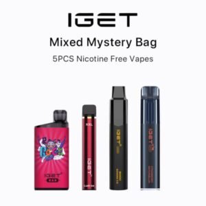 Iget Nicotine Free Vape Mystery Box (5pcs) - Iget Mixed Mystery Bag: Five Nicotine-free Vape Devices Arranged in a Row in Pink, Red, Black, and Blue. - Iget Vapes Shop Oz