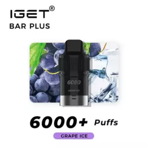 Nicotine Free Iget Bar Plus Pod 6000 Puffs - Iget Bar Plus Disposable Vape in Front of a Grape and Ice Background, Highlighting 6000+ Puffs and Grape Ice Flavor. - Iget Vapes Shop Oz