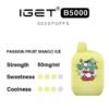 Disposable vape IGET B5000 with Passion Fruit Mango Ice, 50 mg/ml, showing sweetness and coolness ratings beside a yellow device with cartoon art on the right.
