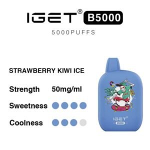 Strawberry Kiwi Ice – Iget B5000 - Iget B5000 Disposable Vape with Strawberry Kiwi Ice Flavor, 50 Mg/ml, Sweetness 4/5, Coolness 4/5, Blue Device Image with Graphic Artwork. - Iget Vapes Shop Oz