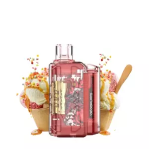 Vanilla Custard – Iget Flare B10000 Puffs - Pink Translucent Vape Device with a Graphic Design and '1000 Puffs' Label, Set Against Ice Cream Cones and Sprinkles in the Background. - Iget Vapes Shop Oz