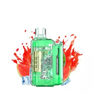 Watermelon Ice – Iget Flare B10000 Puffs - Green Vape Juice Bottle Labeled Ice Watermelon, with Watermelon Slices and Ice Cubes Splashing in the Background. - Iget Vapes Shop Oz