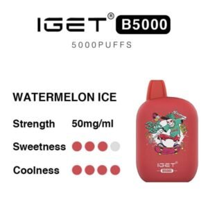 Watermelon Ice – Iget B5000 - Iget B5000 Watermelon Ice Disposable Vape; 50 Mg/ml; Sweetness and Coolness Indicators with a Red Device and Artwork at Right. - Iget Vapes Shop Oz