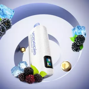 White speckled bottle with blue cap amid ice cubes and blackberries on a pale background.