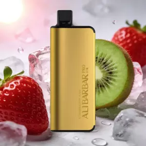 Gold pod vape device with a black mouthpiece stands upright among ice, strawberries, and kiwi slices.