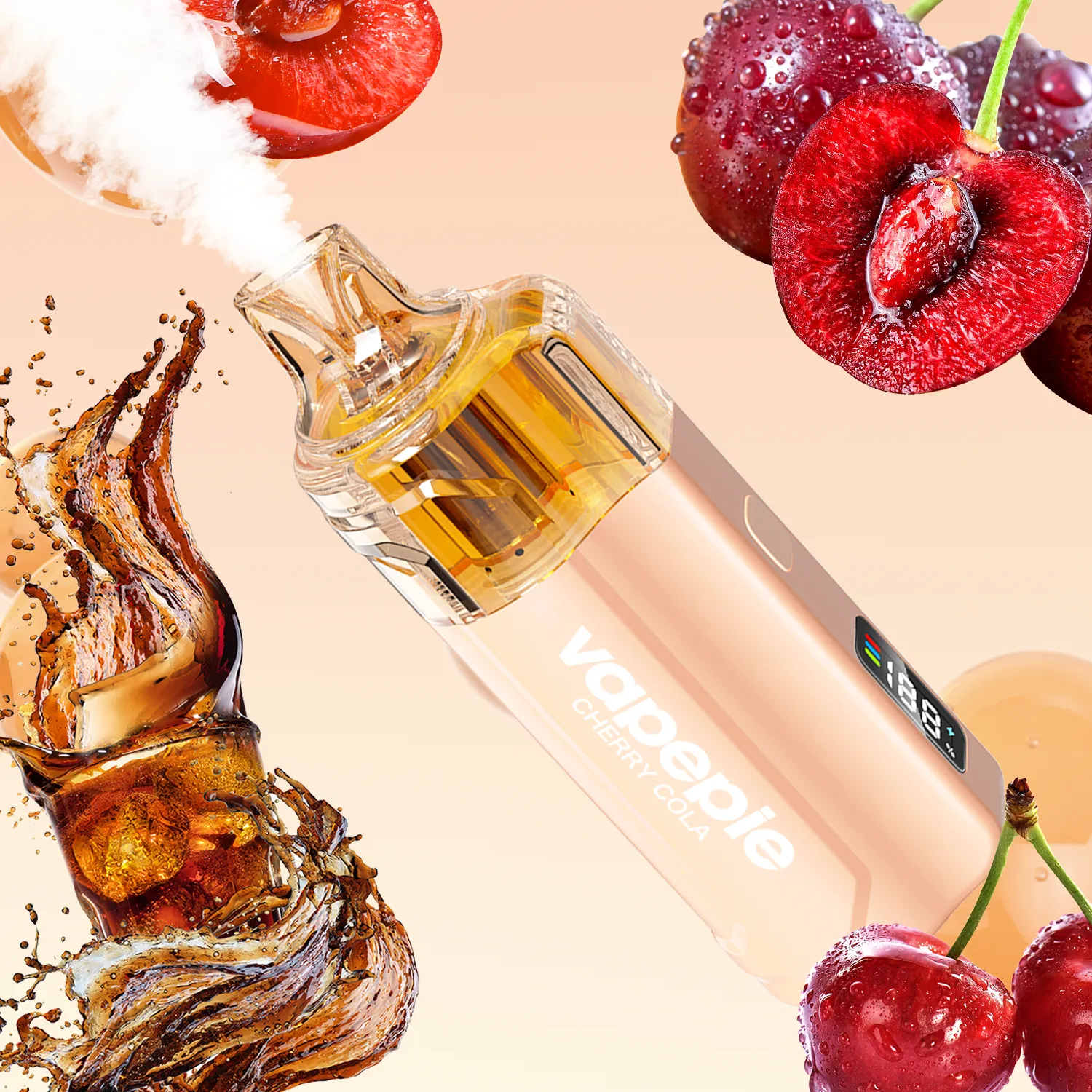 Vapepie Crystal Pop 15000 Puffs Cherry Cola Iget Vapes Shop Oz 3730275069c9d100a3d0e622d9d8dba8webp Iget Vapes Shop Oz Vapepie Crystal Pop 15000 Puffs Cherry Cola - a Perfume Bottle Labeled 'cherry Cola' Tilted with Splash Effects, Surrounded by Cherries and Splashing Cola on a Peach Gradient Background. - Iget Vapes Shop Oz