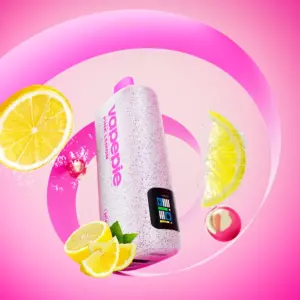 Vapepie Powergo 9800 Puffs Pink Lemon - Product Shot: Pink Speckled Bottle Surrounded by Lemon and Lime Wedges on a Pink Background, Conveying a Fresh, Fruity Vibe. - Iget Vapes Shop Oz