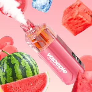 Vapepie Crystal Pop 15000 Puffs Watermelon Ice - Pink Handheld Appliance Labeled Watermelon Ice, Surrounded by Watermelon Slices and a Blue Ice Cube Against a Pink Background. - Iget Vapes Shop Oz