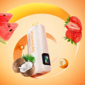 Vapepie Powergo 9800 Puffs Strawberry Coconut Watermelon - Sunscreen Bottle Surrounded by Watermelon, Strawberry, and Coconut on an Orange Gradient Background. - Iget Vapes Shop Oz