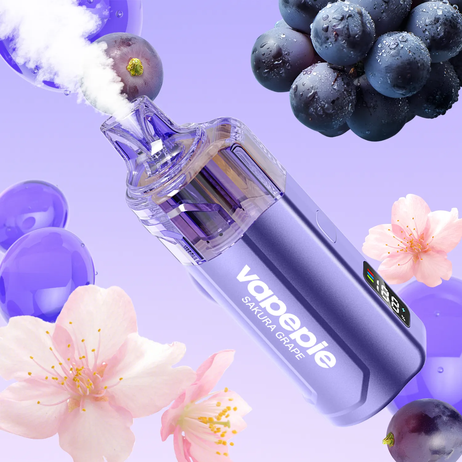 Vapepie Crystal Pop 15000 Puffs Sakura Grape Iget Vapes Shop Oz 7d13bf1993b3ba4b1227ca122db83c32webp Iget Vapes Shop Oz Vapepie Crystal Pop 15000 Puffs Sakura Grape - Purple Vape Pen with a Crystal Mouthpiece, Emitting Vapor, Labeled Sakura Grape and Surrounded by Grapes and Pink Blossoms Against a Lavender Background. - Iget Vapes Shop Oz
