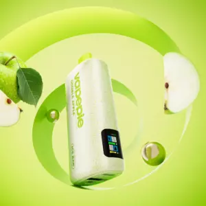 Vapepie Powergo 9800 Puffs Double Apple - Close-up of a Speckled Lime-green Bottle Amid Sliced Apple and Pear on a Bright Lime Background, Suggesting a Fruit-flavored Drink. - Iget Vapes Shop Oz