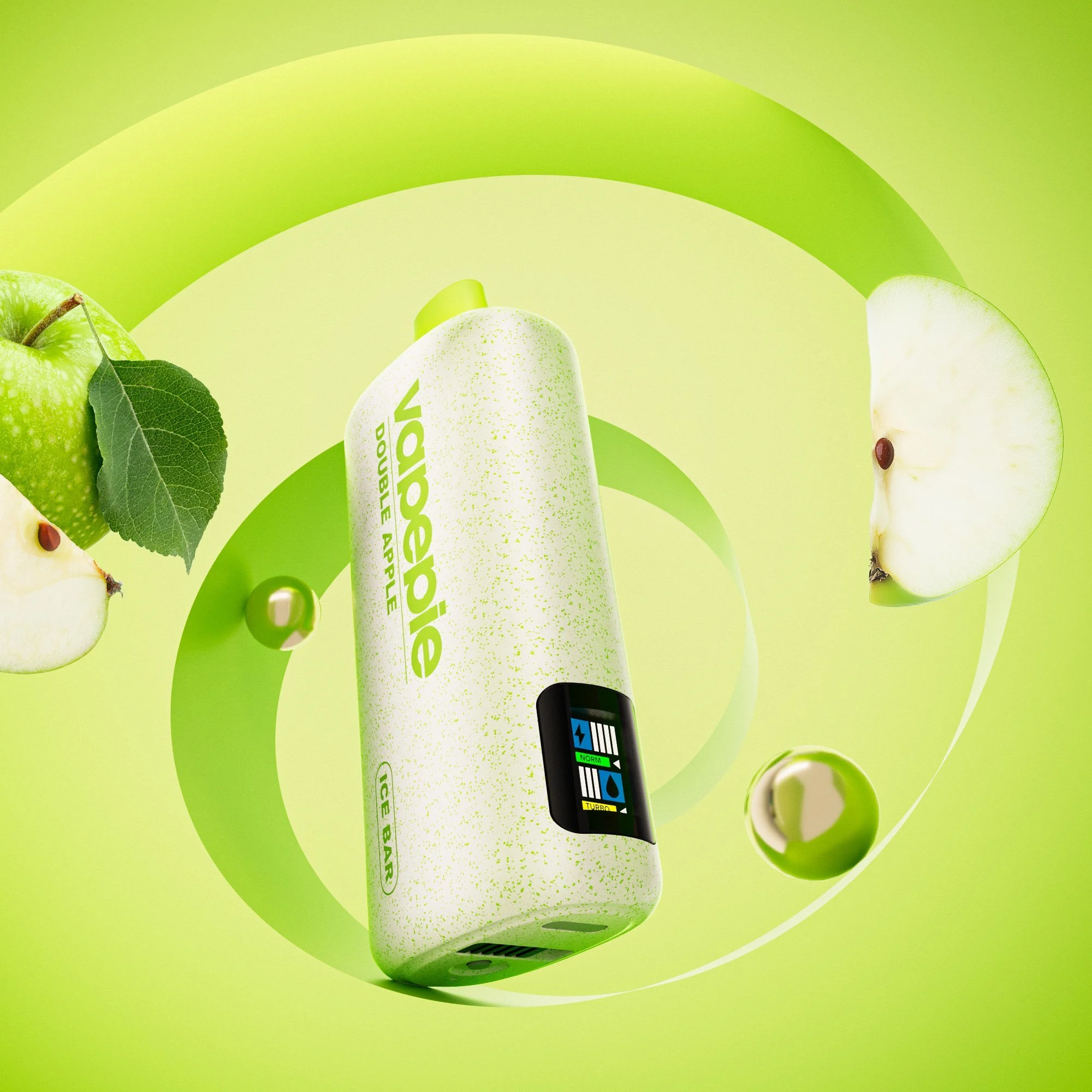 Vapepie Powergo 9800 Puffs Double Apple Iget Vapes Shop Oz 9779f4b934dd761dc1610871593873c7b4f9d527webp Iget Vapes Shop Oz Vapepie Powergo 9800 Puffs Double Apple - Close-up of a Speckled Lime-green Bottle Amid Sliced Apple and Pear on a Bright Lime Background, Suggesting a Fruit-flavored Drink. - Iget Vapes Shop Oz